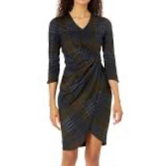 Tahari Levine Dress 4 Plaid Stetch Sheath Black Gray Brown Church Career New - Picture 1 of 9